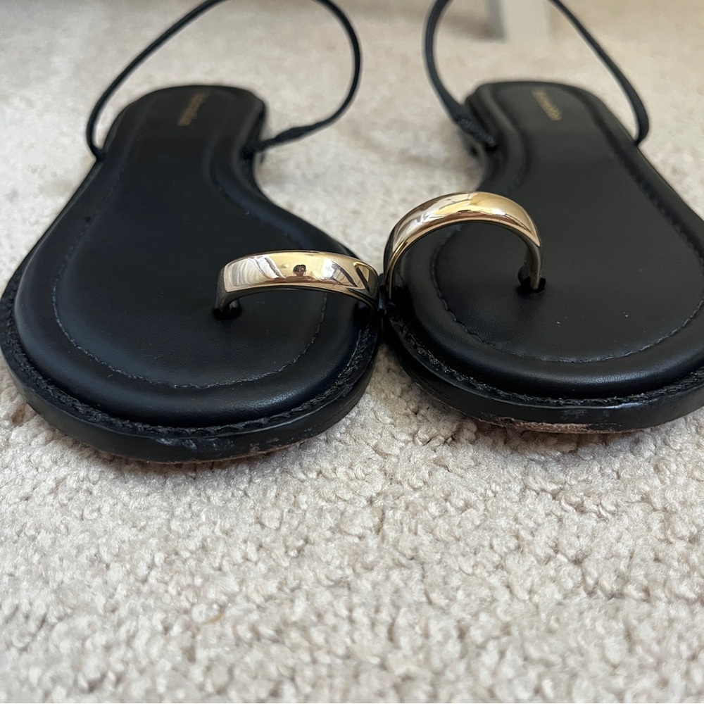 Reformation Cassandra Black Leather Flat Sandals with Gold Toe Accents size 5 - Picture 9 of 15